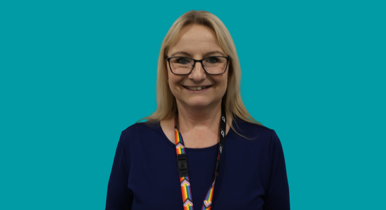 One of Berneslai Homes' Board members, Jo Sugden, superimposed on a light blue background.