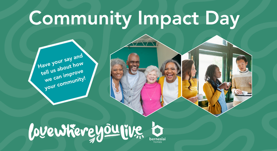 White text on a green background, which says 'Community Impact Day. Have your say and tell us about how we can improve your community!' There also images of people smiling and talking to each other.